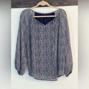 Cotton boho style blouse, navy & white, sheer top with liner for torso, tie neck